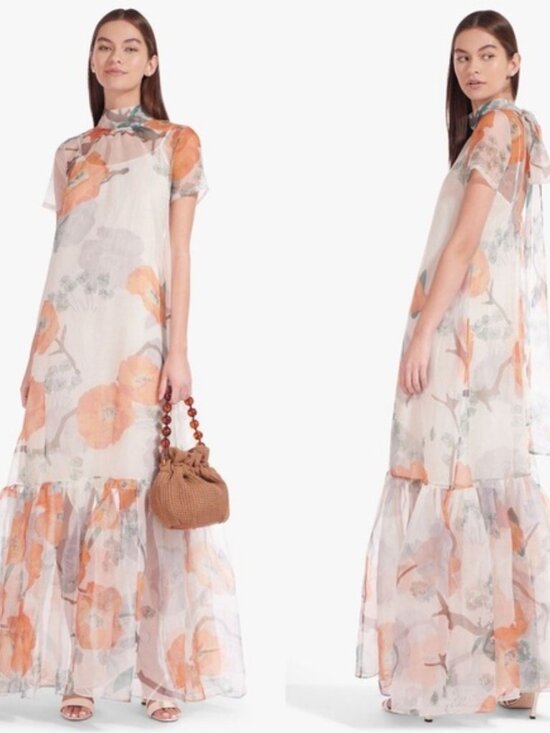 STAUD Calluna Poppy Floral Print Organza Tie Back Maxi Gown Dress - Picture 12 of 12